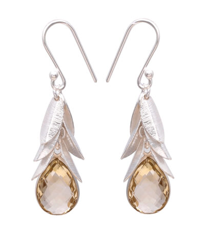 Citrine Quartz Gemstone Silver Leaf Design Earrings