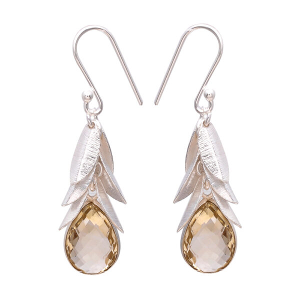 Citrine Quartz Gemstone Silver Leaf Design Earrings